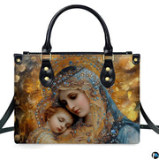 Centered front view of bejeweled Madonna and sleeping child Jesus devotional art handbag