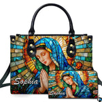 Front studio shot of praying holy mother mosaic artwork across matching two-piece ensemble on white background.