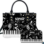 Front studio presentation showing piano keys and musical notes artwork beside companion accessory on white surface.