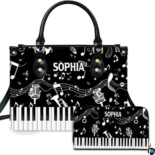 Front studio presentation showing piano keys and musical notes artwork beside companion accessory on white surface.