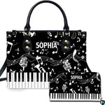 Front studio presentation showing piano keys and musical notes artwork beside companion accessory on white surface.