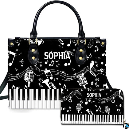 Front studio presentation showing piano keys and musical notes artwork beside companion accessory on white surface.