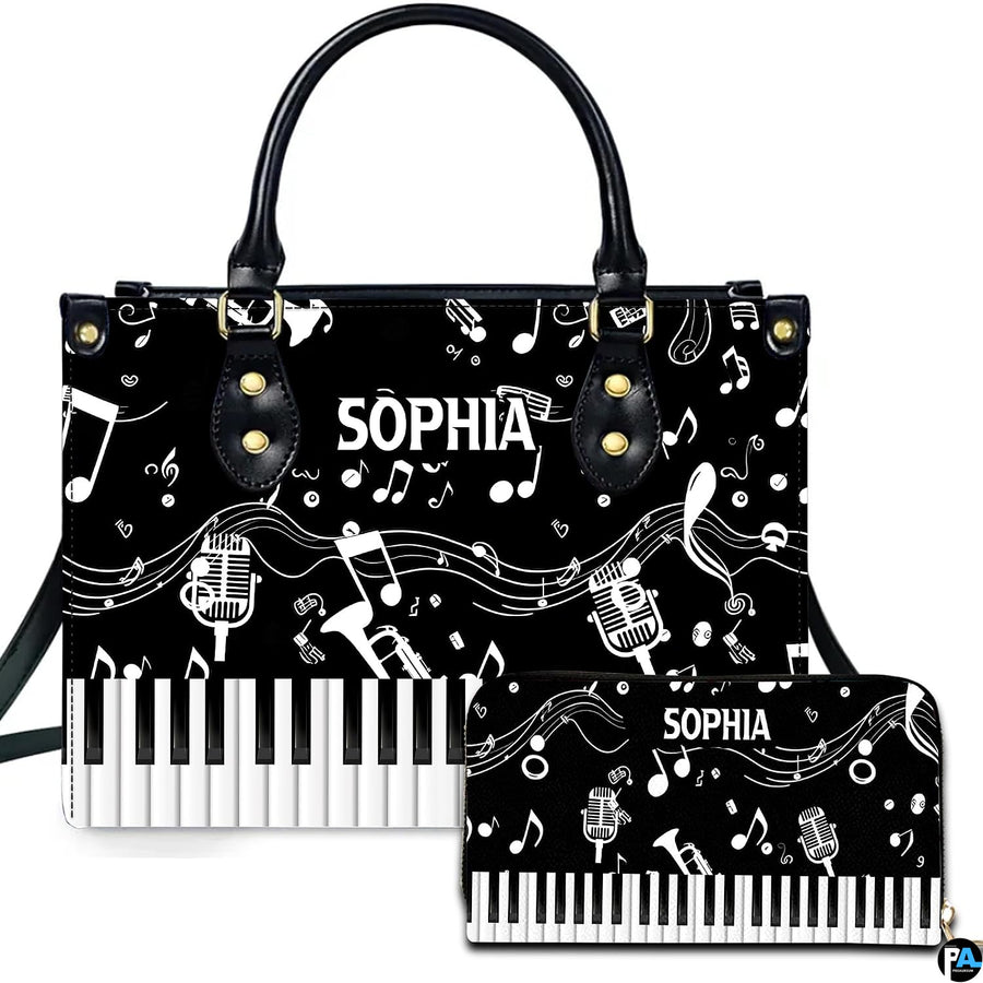 Front studio presentation showing piano keys and musical notes artwork beside companion accessory on white surface.