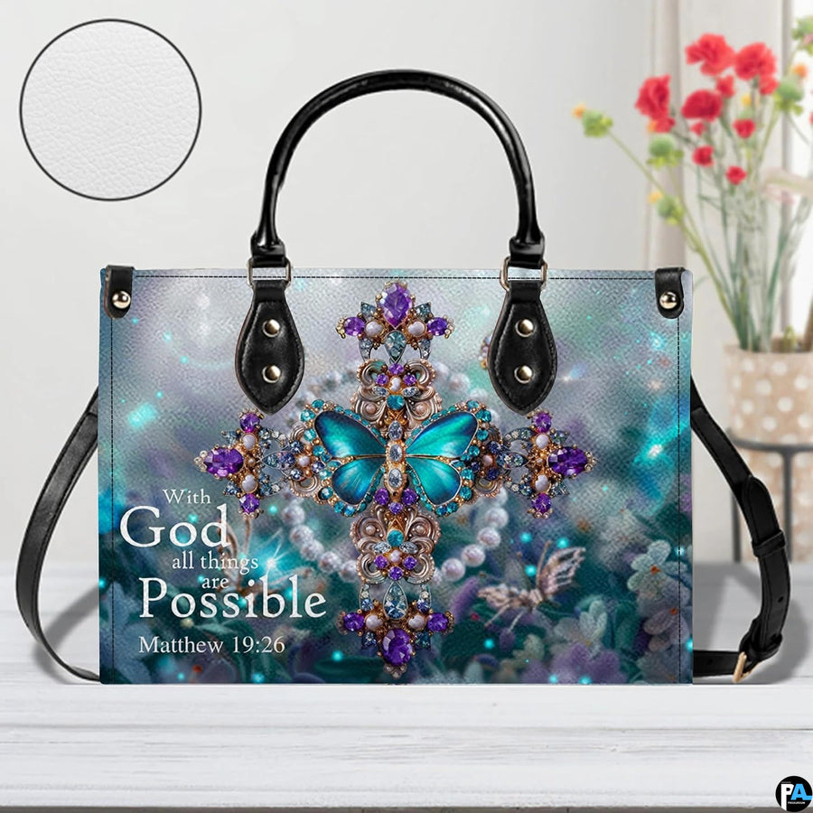 Frontal view of the butterfly cross handbag with a circular textured material swatch overlay