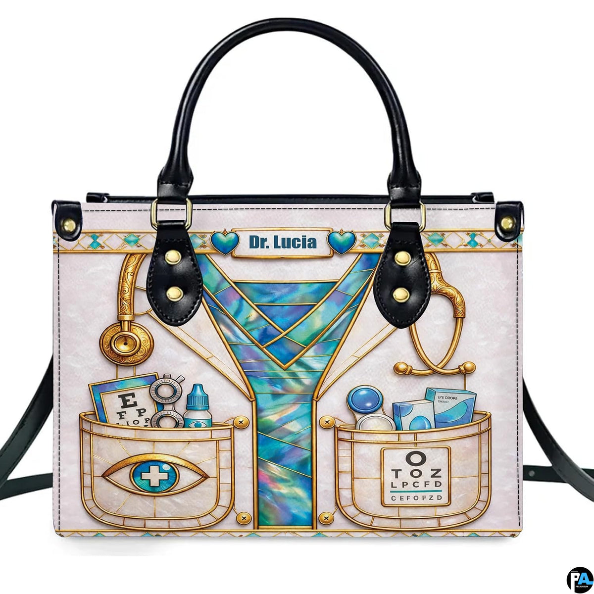 Front view of optometrist handbag featuring vision charts, optical instruments, and coat artwork