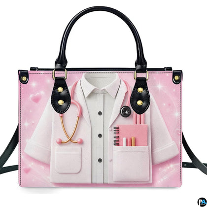 Front view of pink doctor handbag featuring white lab coat, stethoscope, and spiral notebook artwork