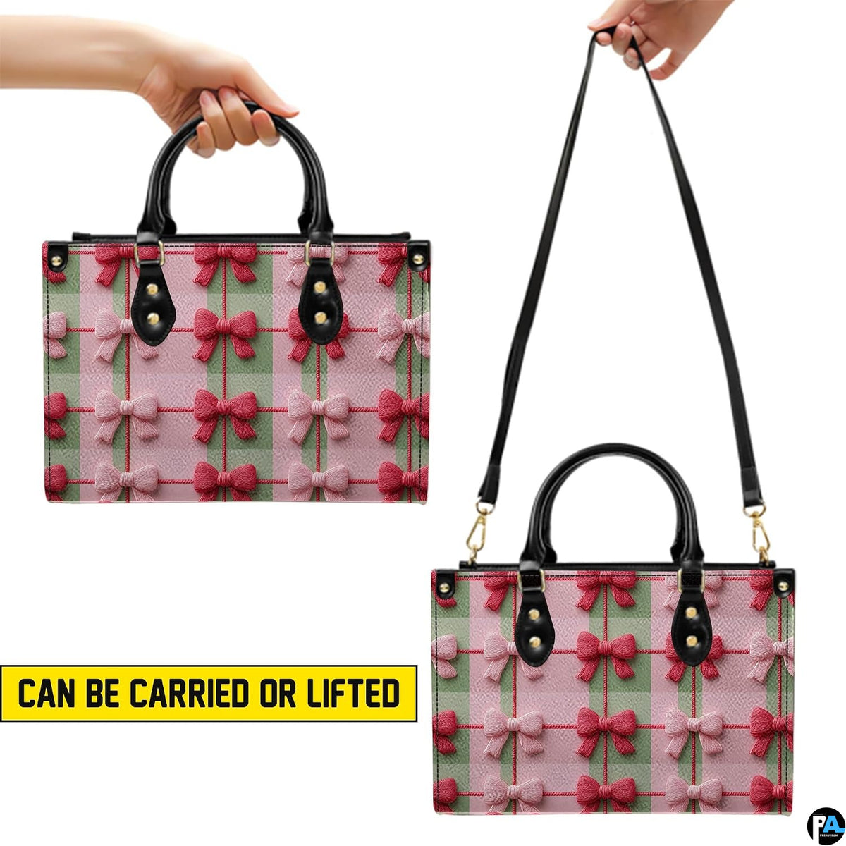 Visual graphic demonstrating dual handle orientations of the gingham ribbon bow item
