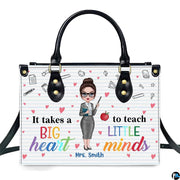Teacher appreciation handbag featuring cartoon teacher, red apple, and inspirational teaching quote.