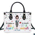 Teacher appreciation handbag featuring cartoon teacher, red apple, and inspirational teaching quote.