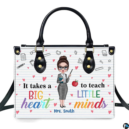 Teacher appreciation handbag featuring cartoon teacher, red apple, and inspirational teaching quote.