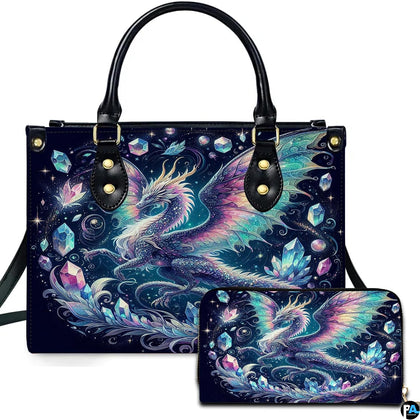 Iridescent winged dragon handbag with colorful crystals, stars and matching wallet