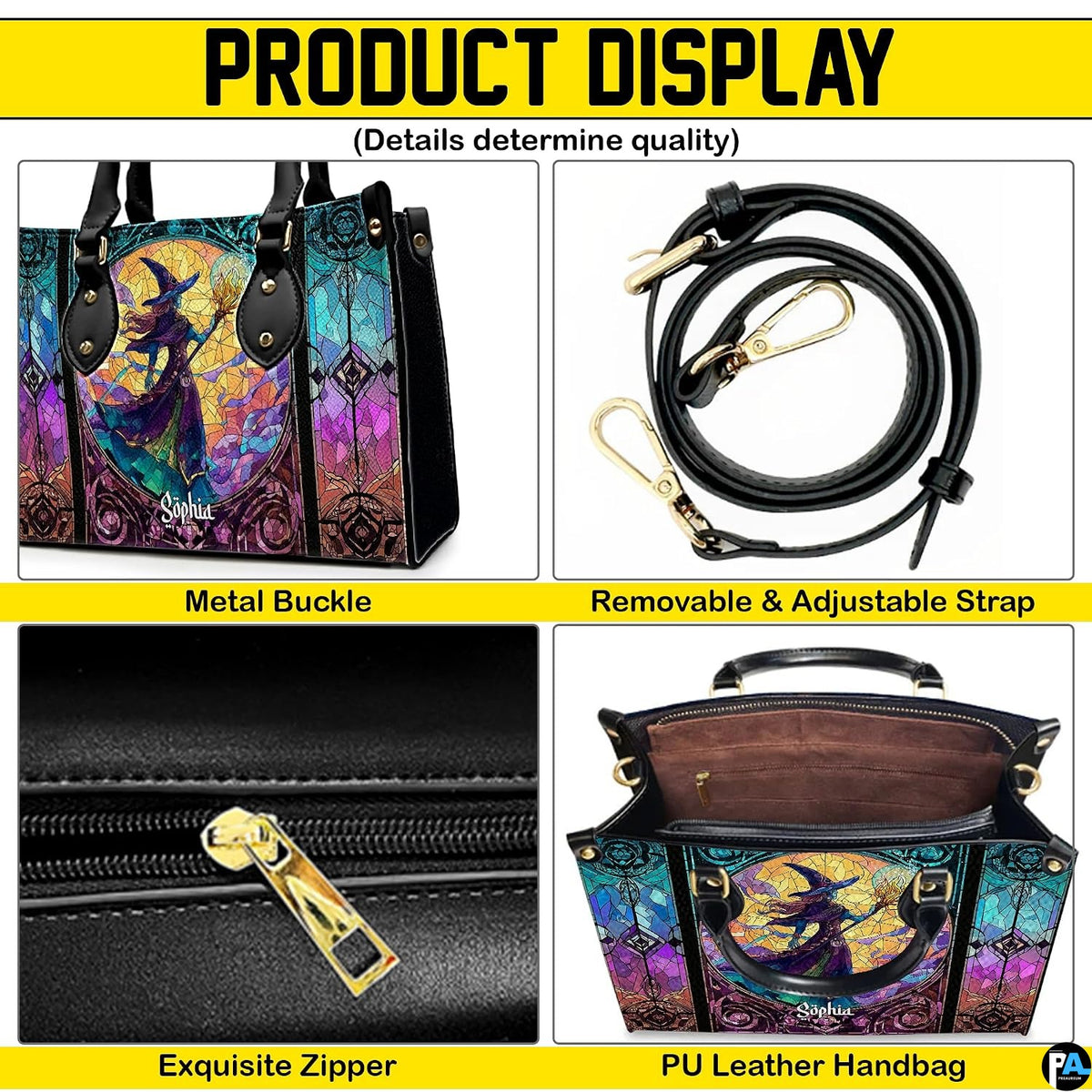 Stained glass witch handbag and wallet on wooden table beside houseplant and wire trellis.
