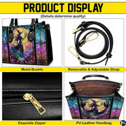 Stained glass witch handbag and wallet on wooden table beside houseplant and wire trellis.