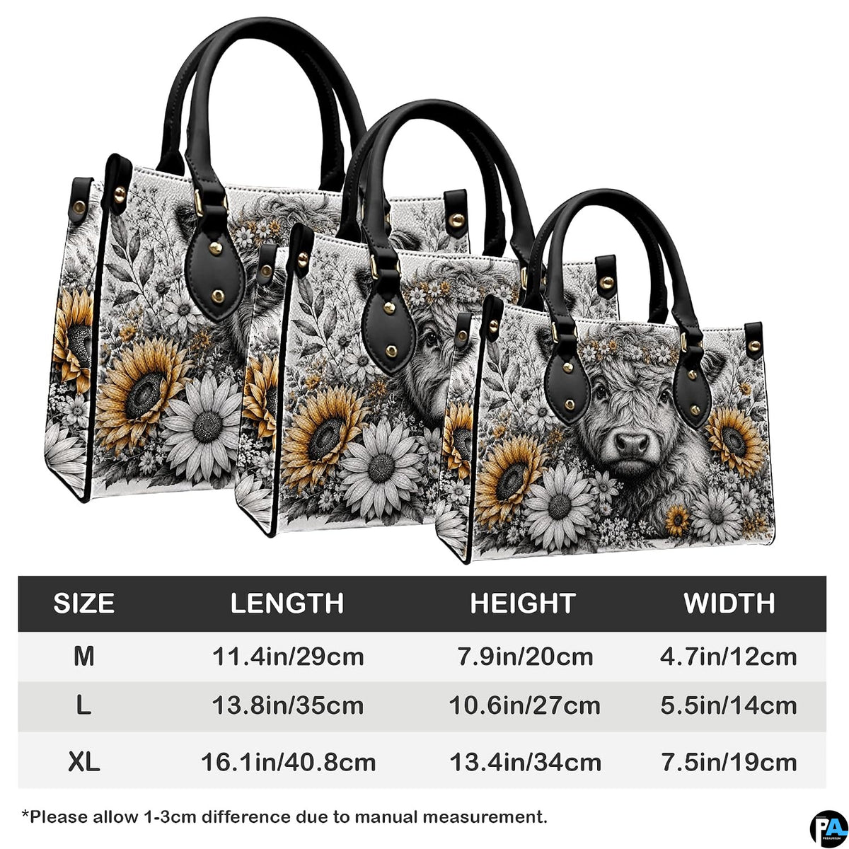 Proportional sizing overview table comparing medium, large, and extra-large dimensions