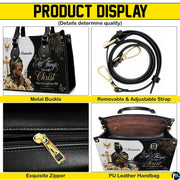 Feature breakdown collage showing buckle, zipper, shoulder strap, and interior compartment details