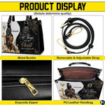 Feature breakdown collage showing buckle, zipper, shoulder strap, and interior compartment details
