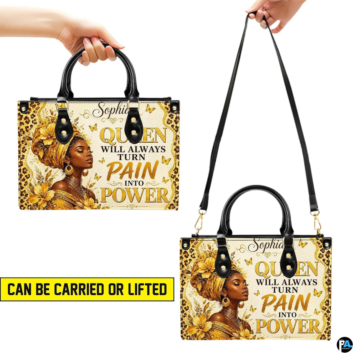 Graphic demonstrating dual handling options for the gilded empress motif in handheld and shoulder hanging positions.