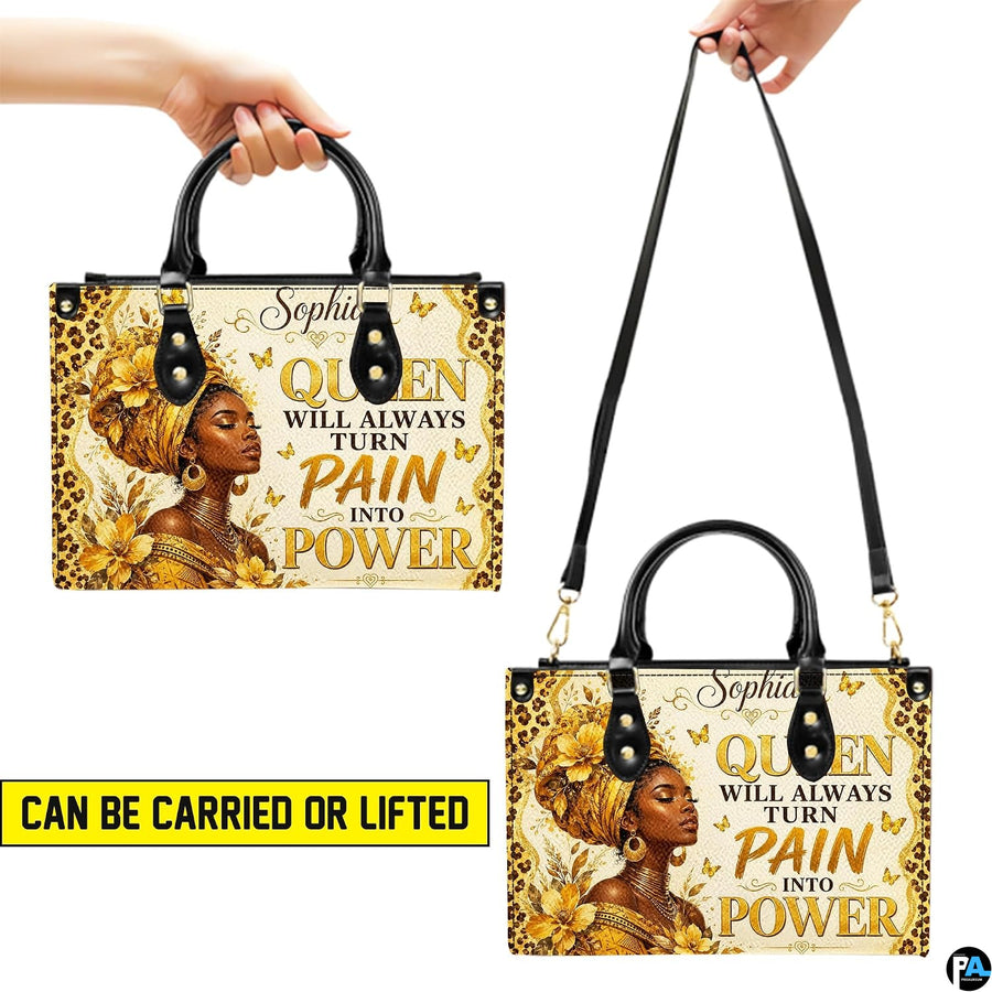 Graphic demonstrating dual handling options for the gilded empress motif in handheld and shoulder hanging positions.