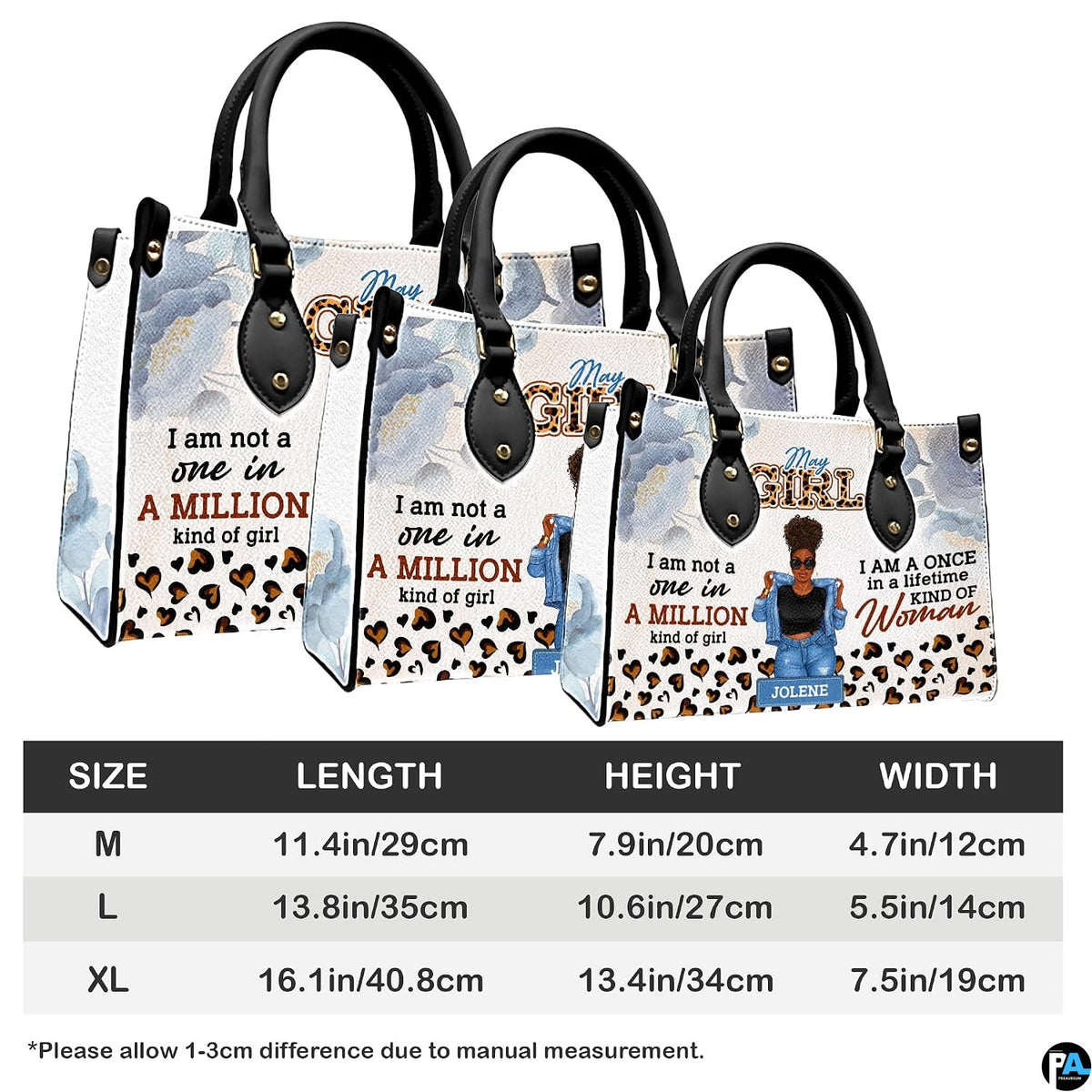 Scale diagram illustrating medium, large, and extra large visual proportions of afro puff art accessory.