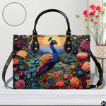 Peacock handbag with colorful flowers, layered mountains, and golden sun