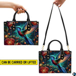 Front view of matching wallet carrying coordinating luminous hummingbird and twilight garden art.