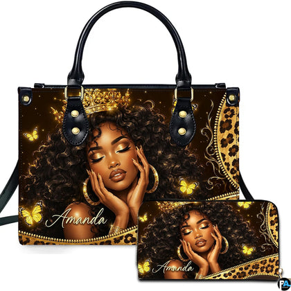Black woman art print presentation featuring crowned queen portrait alongside matching accessory artwork.