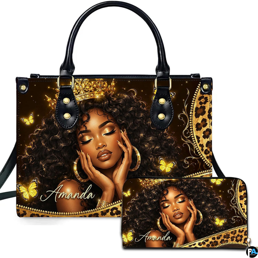 Black woman art print presentation featuring crowned queen portrait alongside matching accessory artwork.