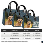 Complete set presentation of golden retriever handbag and matching wallet on white background.