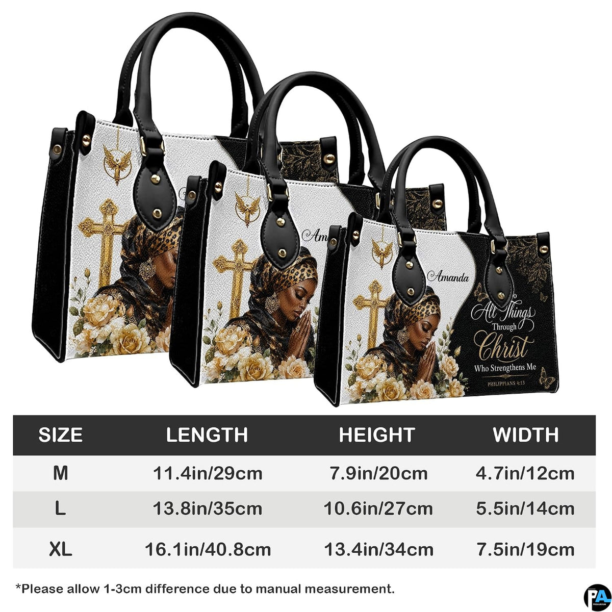 Proportion comparison graphic illustrating medium, large, and extra-large scale options for the handbag
