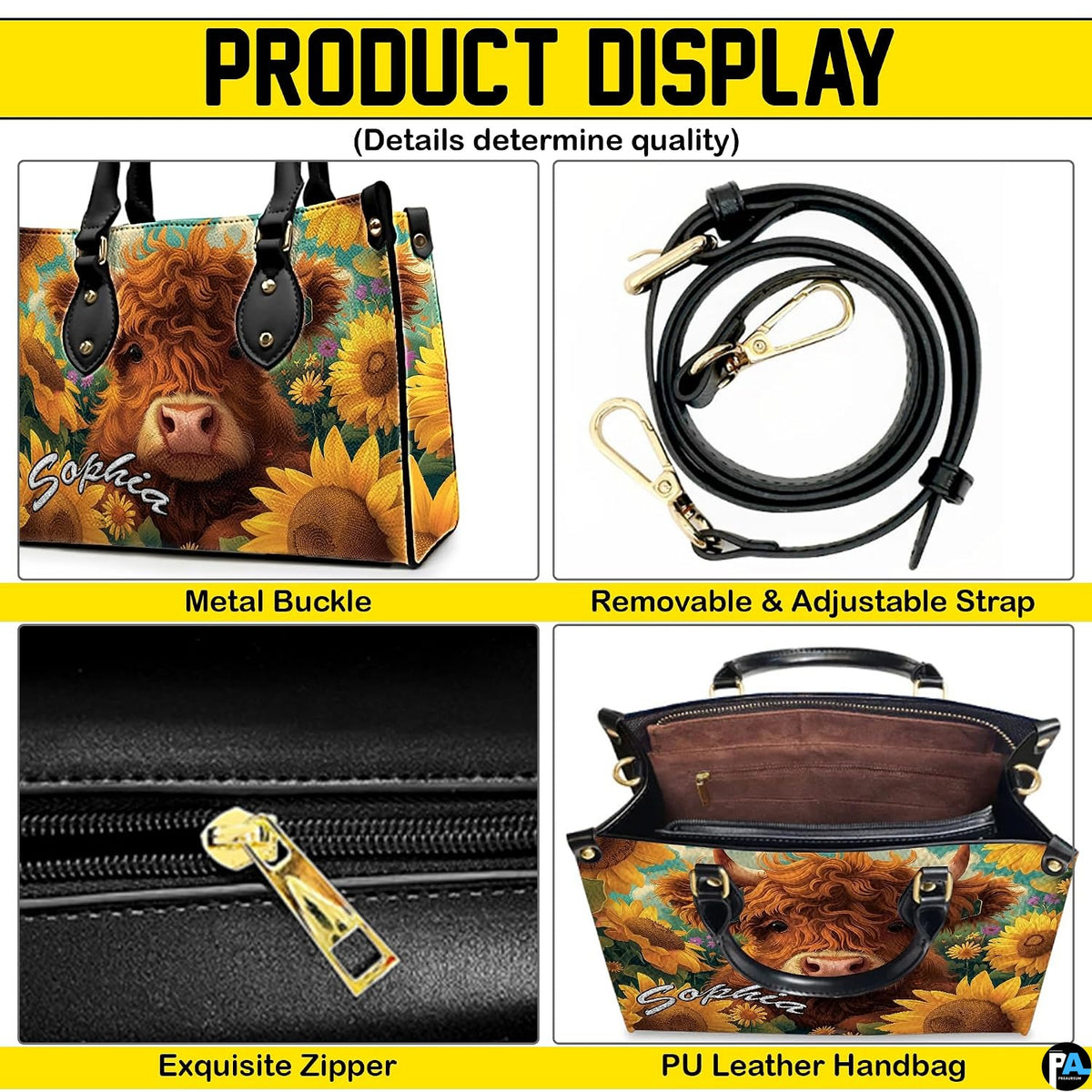 Detailed infographic panel showing exterior components, strap, zipper, and interior layout