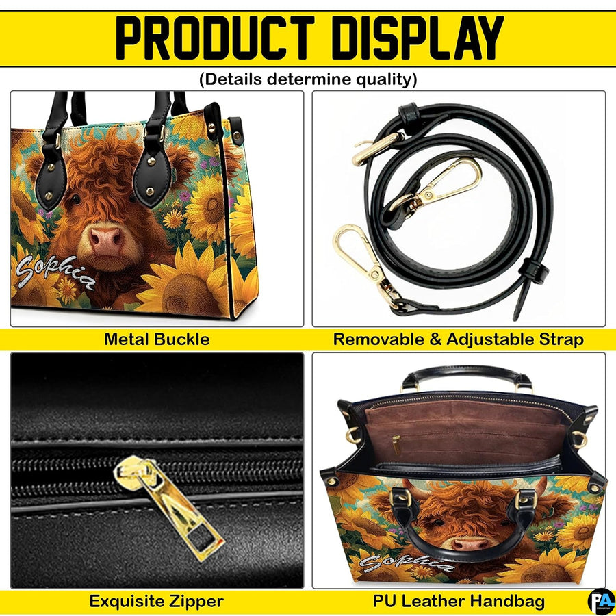 Detailed infographic panel showing exterior components, strap, zipper, and interior layout