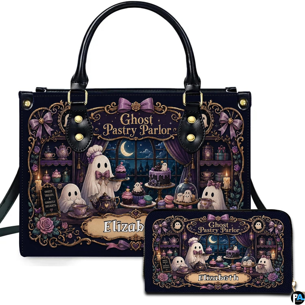 Pastel goth art presenting a confectionery patisserie scene displayed across an accessory pairing.