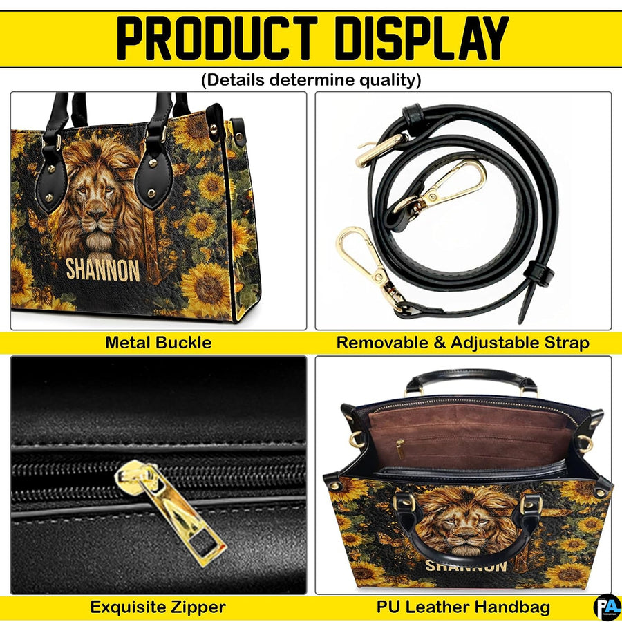 Top-down view of lion sunflower cross handbag showing dual carrying handles.