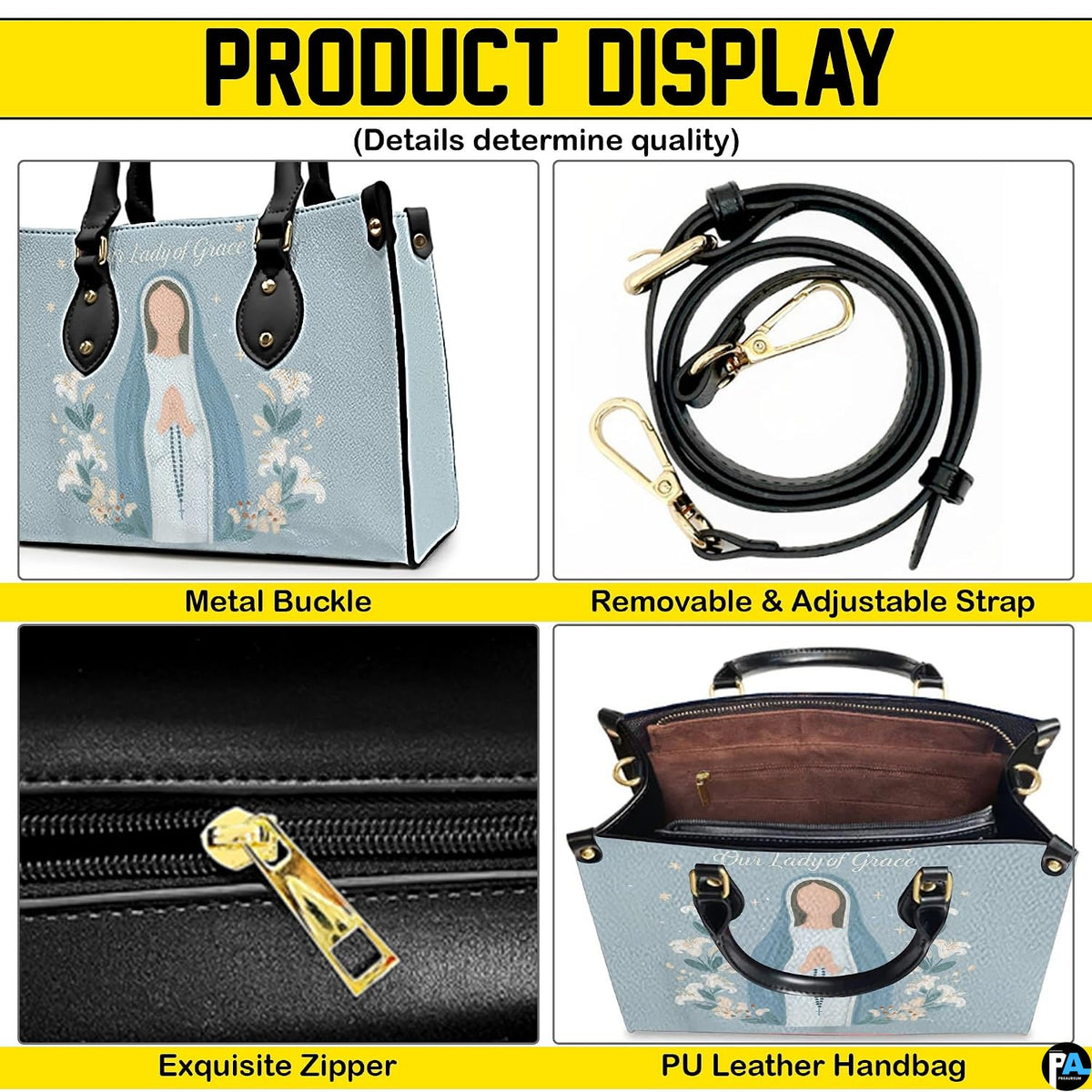 Product display showing zipper, buckle hardware, interior lining, and strap of handbag