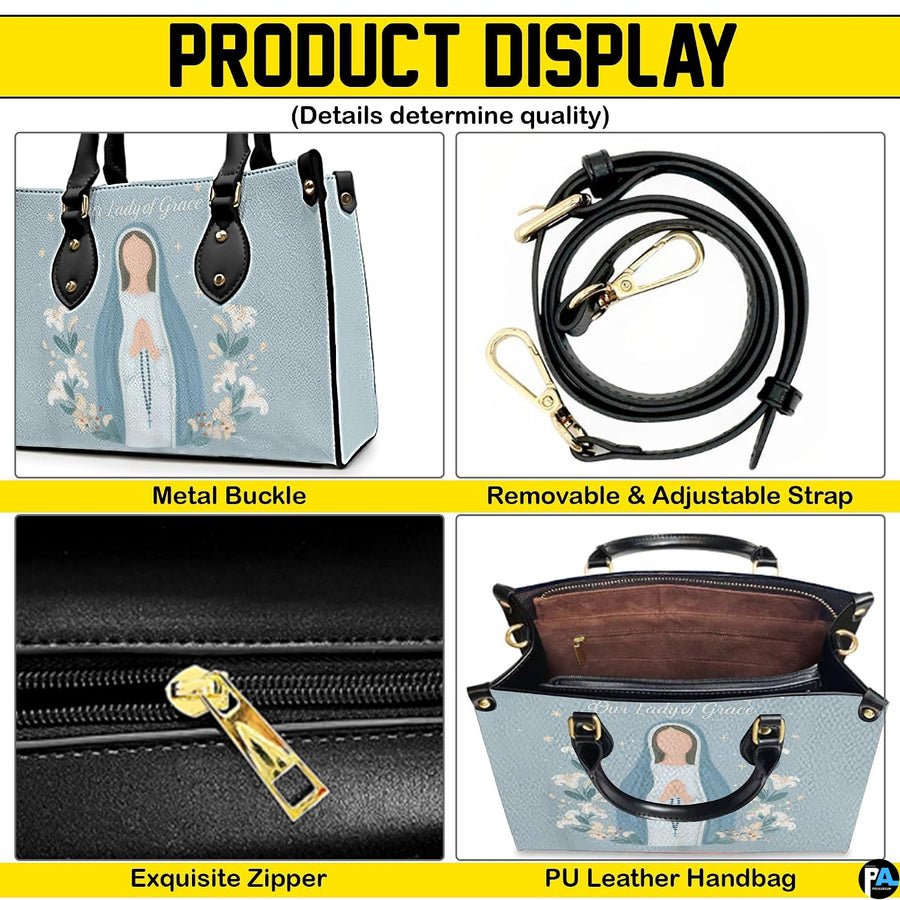 Product display showing zipper, buckle hardware, interior lining, and strap of handbag