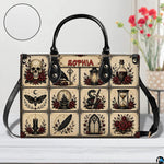 Gothic satchel shown on a light display surface featuring a circular material texture inset graphic.