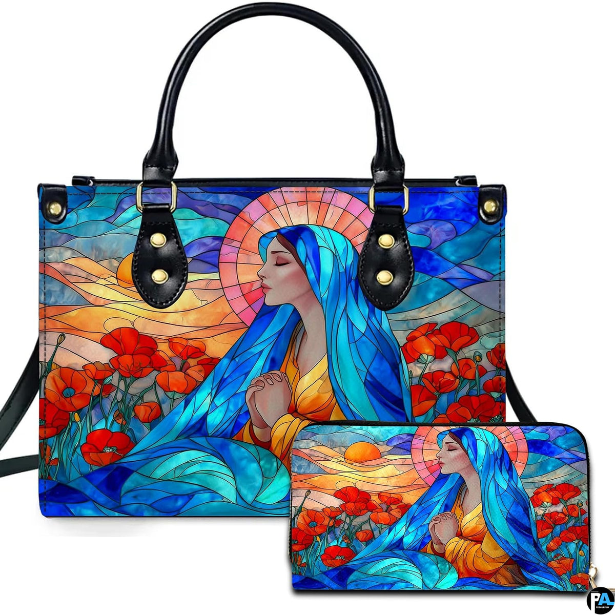 Stained glass devotional accessory set featuring praying Virgin Mary artwork alongside bright red poppies.