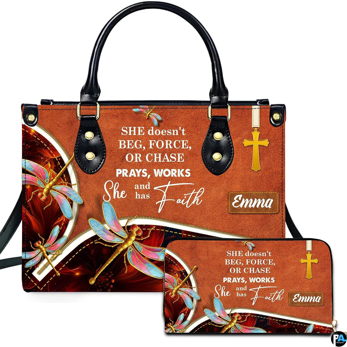 Dragonfly and golden cross handbag and matching wallet set on cognac brown