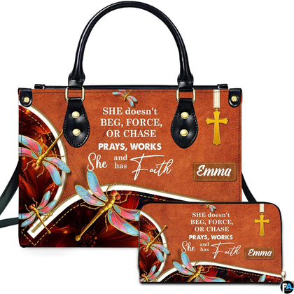 Dragonfly and golden cross handbag and matching wallet set on cognac brown