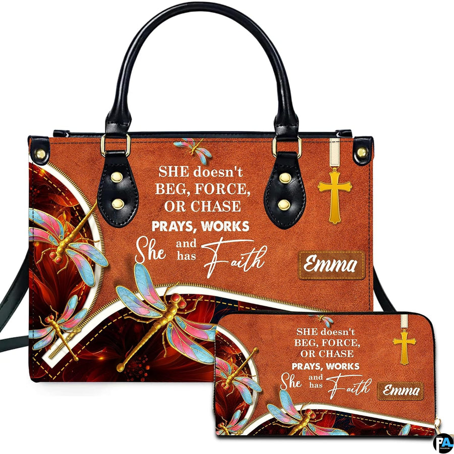 Dragonfly and golden cross handbag and matching wallet set on cognac brown