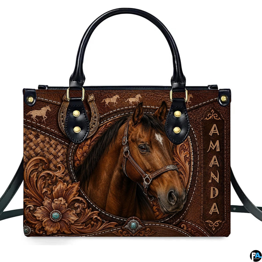 Western horse art highlighting a realistic bay equine portrait framed by floral carvings and turquoise accents.