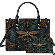Victorian baroque gold dragonfly handbag and wallet set displayed together on white background
