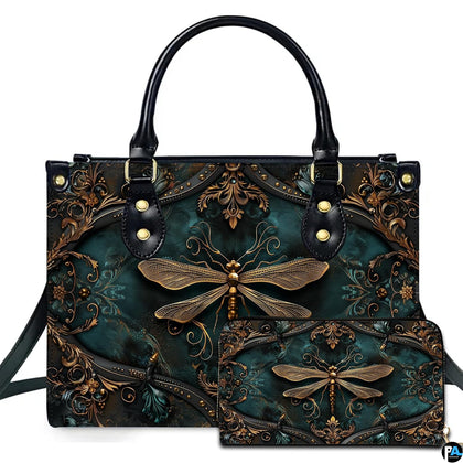 Victorian baroque gold dragonfly handbag and wallet set displayed together on white background