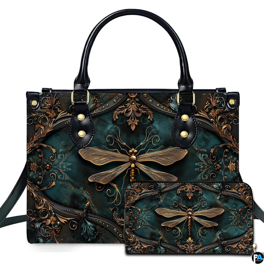 Victorian baroque gold dragonfly handbag and wallet set displayed together on white background