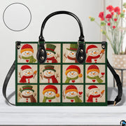 Front view of holiday snowman handbag standing next to a floral arrangement on a white tabletop.