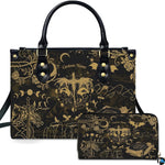 Gothic golden dragon moon phases handbag and matching wallet set on white background.