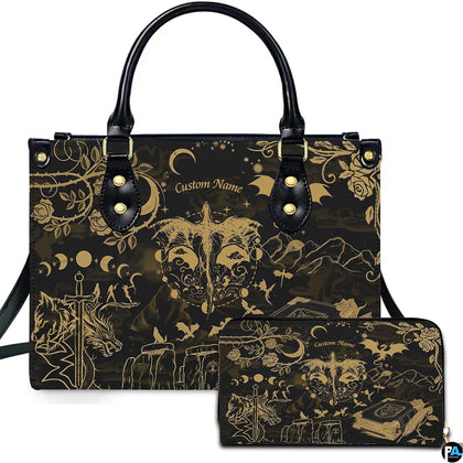Gothic golden dragon moon phases handbag and matching wallet set on white background.
