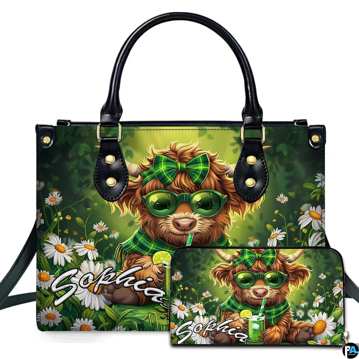 Front studio view showing fluffy calf in green sunglasses and plaid bow sipping iced lime drink among daisies.
