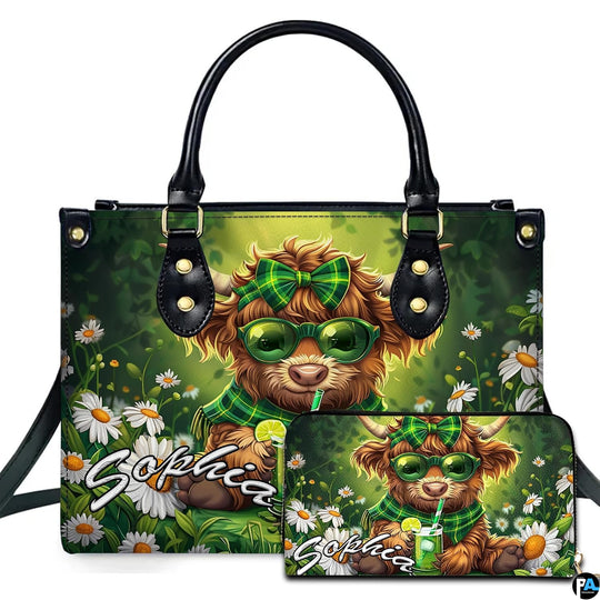 Front studio view showing fluffy calf in green sunglasses and plaid bow sipping iced lime drink among daisies.