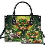 Front studio view showing fluffy calf in green sunglasses and plaid bow sipping iced lime drink among daisies.